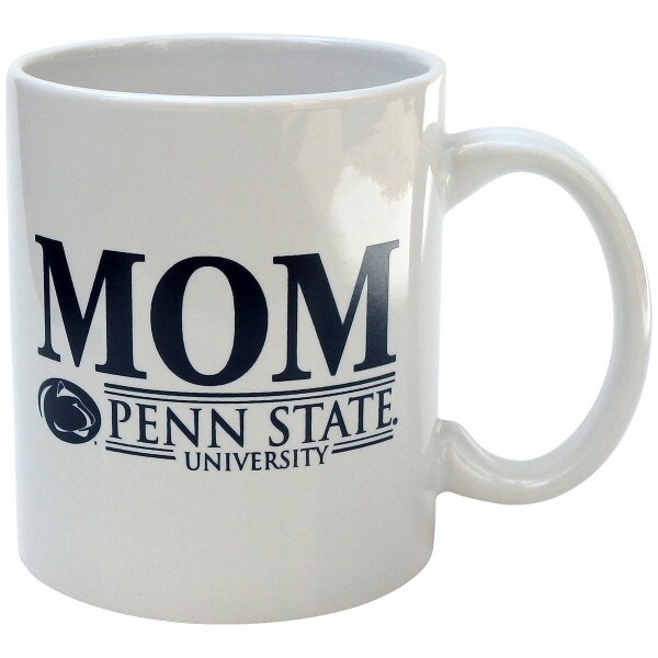 white mug with navy MOM over Athletic Logo and Penn State University